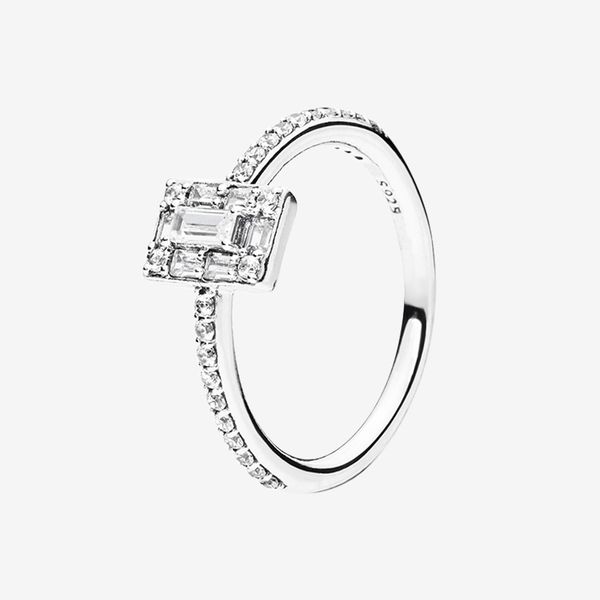 

new sparkling square halo ring women girls summer jewelry for 925 sterling silver cz diamond rings with box, Slivery;golden