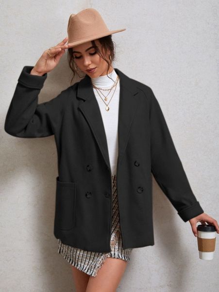 

solid double breasted raglan sleeve overcoat z6n4#, Black