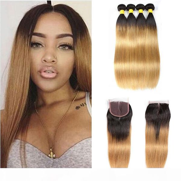 

brazilian straight ombre human hair weave bundles with lace closure two tone 1b 27# brazilian blonde virgin hair extensions with closure, Black;brown
