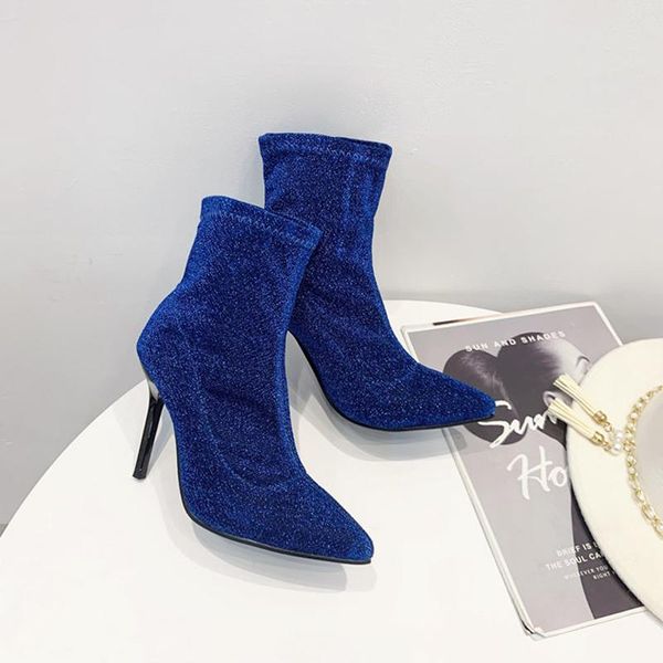 

new elasticity socks boots women high heels pointed toe shoes fashion ankle boot slip on pumps zapatos de mujer black blue