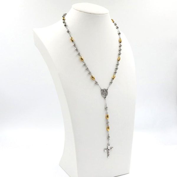 

1 mens womens chain bead rosary cross pendant necklace 316l stainless steel virgin mary christ cross jesus women pendant, Silver