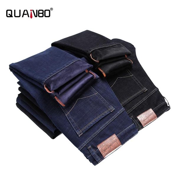 

men's jeans quanbo men fashion fleece 2021 winter warm classic 5-pocket regular fit flex brand clothing, Blue