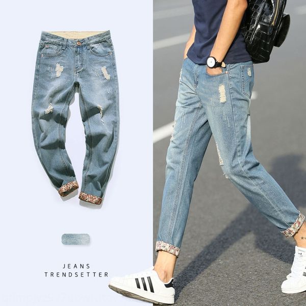 

ripped jeans men's summer thin slim fit breathable ankle-length jeans and jeanstrousers and jeanspants men's fashionable korean pa, Blue