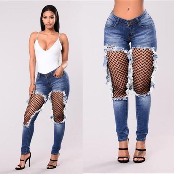

1x european and american pop hole jeans fishnet stitching denim small leg pants womens jeans wholesale jeans custom wholesale, Blue