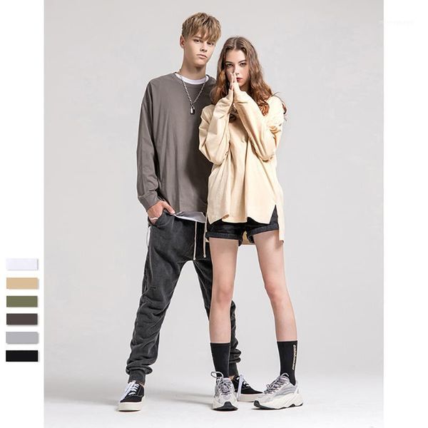 

2020 oversize t shirt men long sleeve solid loose undershirt hip hop slit tshirt man cotton pullover round neck streetwear1, White;black