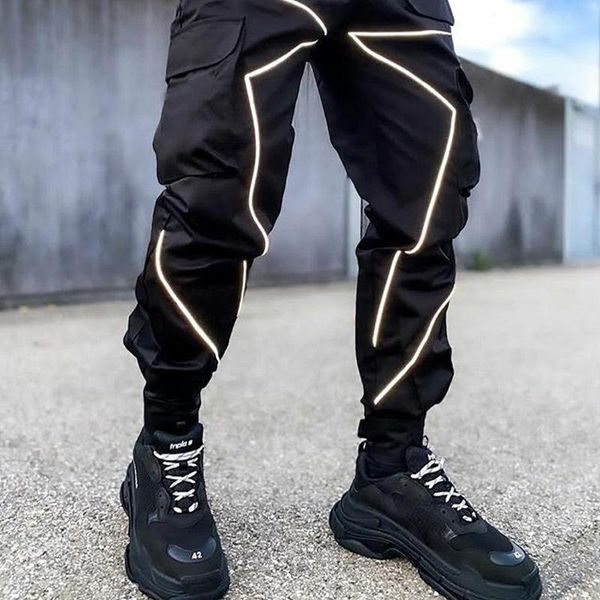 

joggers men harem pants reflective striped streetwear hip hop sweatpants harajuku 2020 autumn new track cargo pant trousers, Black