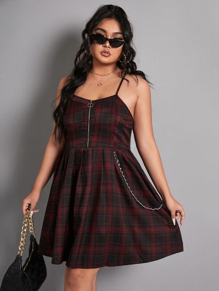 

plus plaid chain detail crisscross back cami dress c90q#, Black