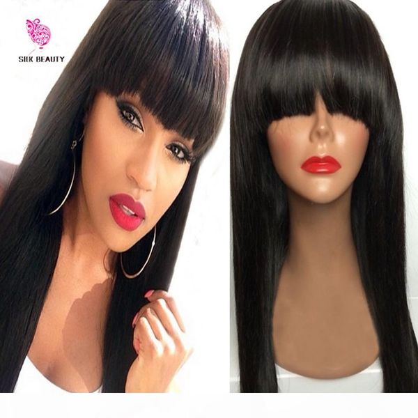 

straight lace front wig peruvian virgin hair full fringe wig human hair glueless full lace wig with bangs bleached knots for black women, Black;brown