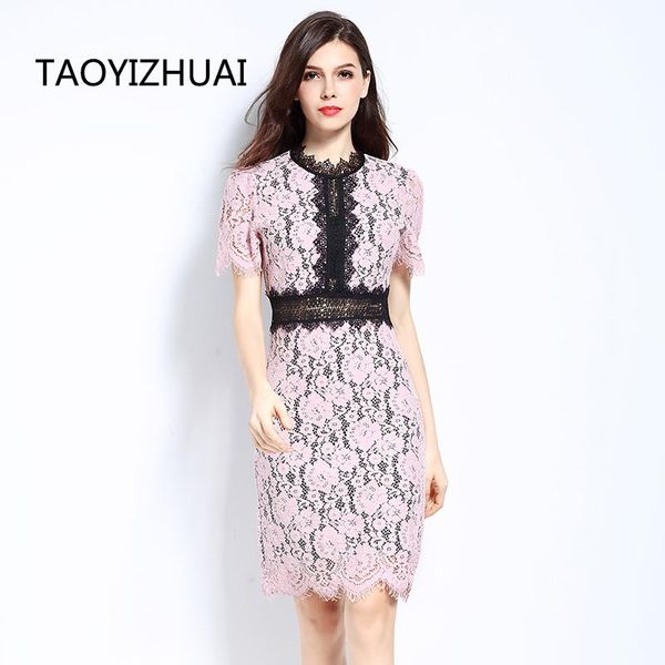 

taoyizhuai summer new sheath slim patchwork pink color asymmetrical elegant large size lady office party lace dress 11562, White;black