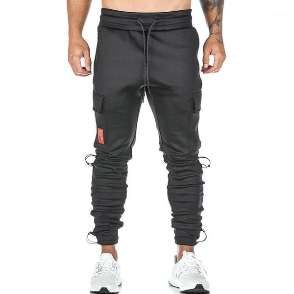 

haleychan men's cargo trousers multi-pocket squat crotch drawstring casual pants pantalones de hombre track pants sweat1, Black