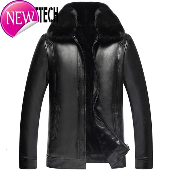 

2019 new fashion men's pu leather jacket mens brand clothing thermal outerwear winter fur male plus velvet jacket plus size 4xl, Black