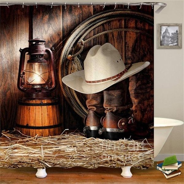 Vintage Western Shower Curtain Art of Cowboy Riding Horse Verso il tramonto Tenda impermeabile di alta qualità per il bagno con ganci Y200108