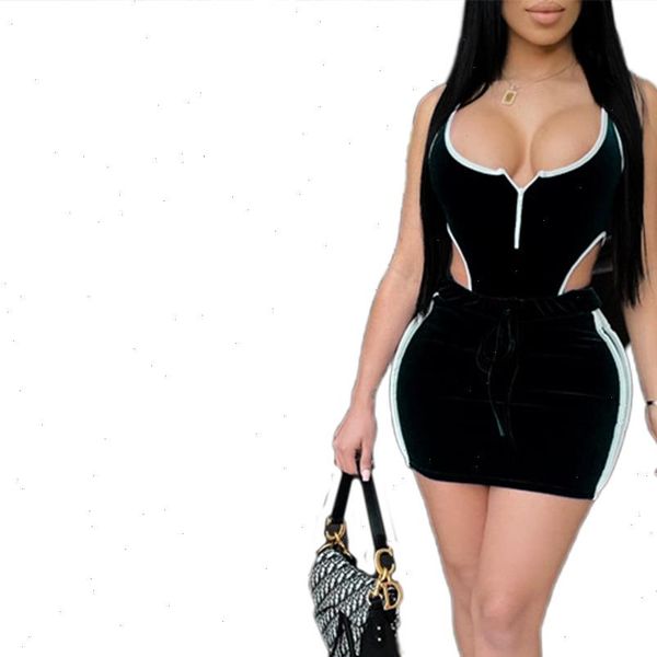 

2021 summer women velvet bodysuit skirt two piece set hollow out suit night club night party streetwear bodycon outfits, Gray