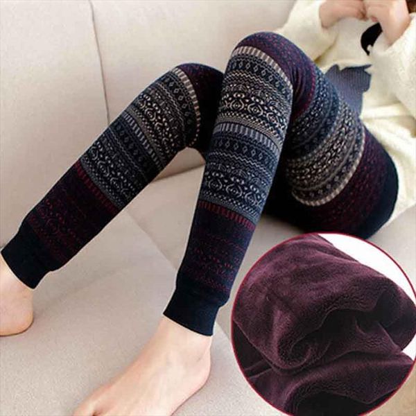

fashion totem winter leggings womens high waist warm plus velvet slim printing leggings knitted casual leggings, Black