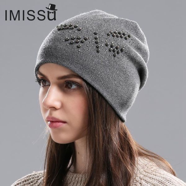 

beanie/skull caps imissu women's winter hats knitted wool skullies casual hat with bead butterfly solid colors ski gorros cap casquette, Blue;gray