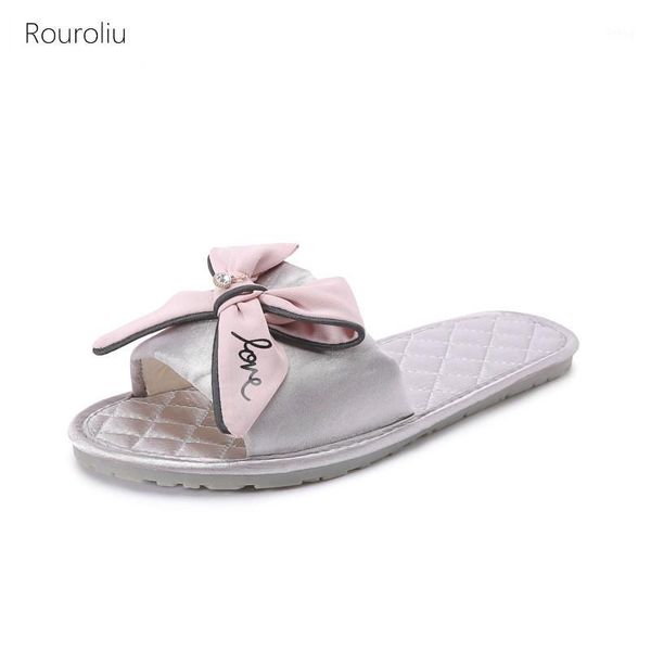 

rouroliu 2020 women flip flops satin bow slippers open toe home shoes spring autumn non-slip slides1, Black