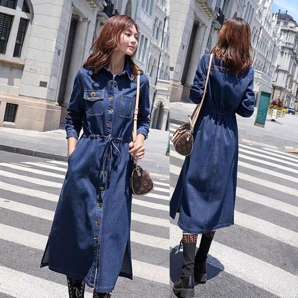 

csqtp single breasted skirtdenim dress skirtdeep denim up knee mid long fall 2019 new korean casual lace skirt women's length dress fas, Black;gray