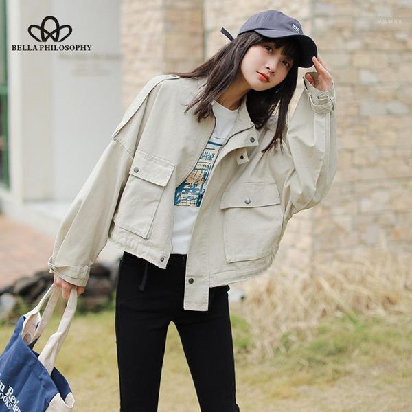 

bella philosophy women loose short coat 2020 autumn jacket female solid korean harajuku zipper tooling single-breasted jacket1, Black;brown