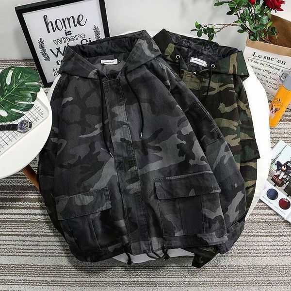 

spring new camo jacket men fashion washed wind hooded jacket man streetwear hip hop loose bomber male clothes, Black;brown