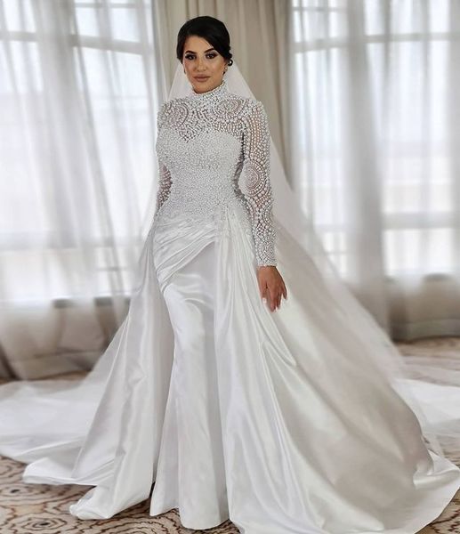 

2020 arabic aso ebi plus size luxurious pearls wedding dresses high neck long sleeves bridal dresses satin wedding gowns zj366, White