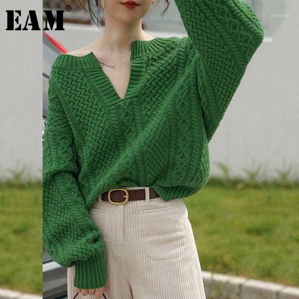 

eam] green big size knitting sweater loose fit v-neck long sleeve women pullovers new fashion tide autumn winter 2020 1y6951, White;black