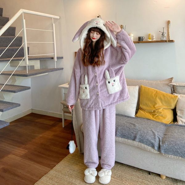 

2021 new women's winter clothes from cartoons embroidered ears coral hoodie velvet pyjamas set pieces 0kf0, Black;red
