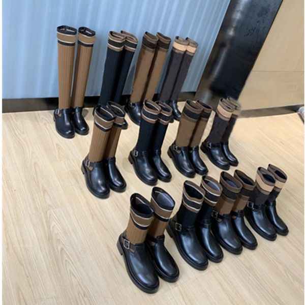 

luxury designer womens short boots fashion autumn and winter new leather wool tube knee high boots cover foot low square heel non slip casua, Black