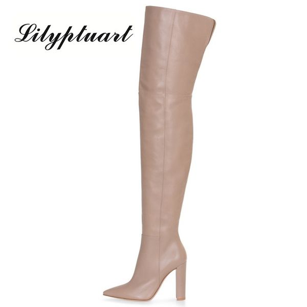 

european and american thick heels fashion boots pointed toe side zipper high tube women's boots foreign trade block heels boots 1026, Black