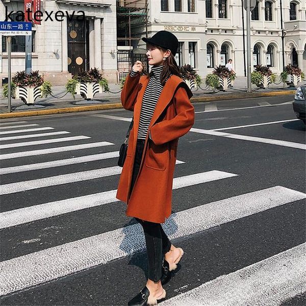 

katexeva 2018 autumn and winter women's new korean version of loose casual in long hooded long sleeve woolen coat female tide1, Black