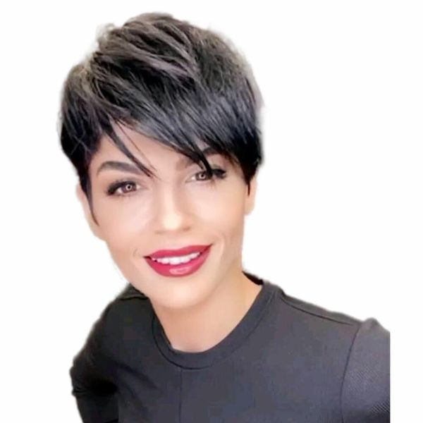 

wholesale short pixie cut brazilian virgin hair no lace front wig with bangs glueless human hair wigs for black women, Black;brown