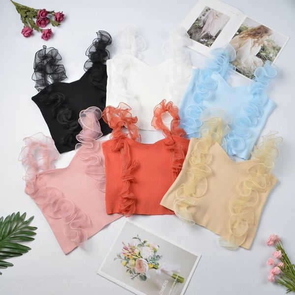 

super and chic women ruffle mesh patchwork knitted tank casual drop shipping, White