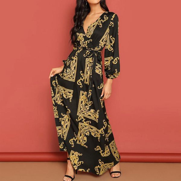 

38 2021 pretty dresses fashion women v neck long sleeve dress print lantern sleeve wrap dress jurk vestidos drop, Black;gray