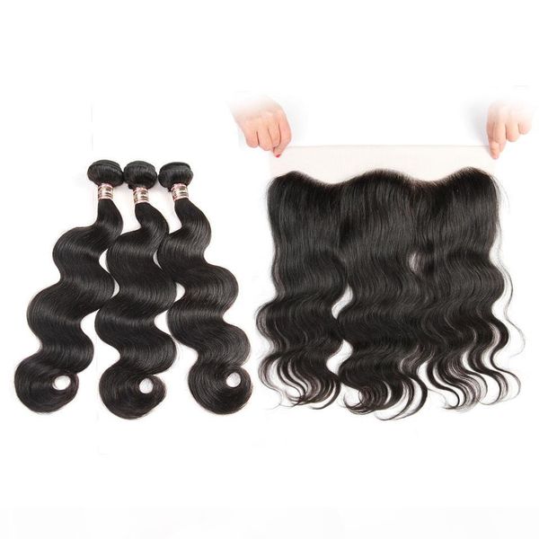 

ear to ear lace frontal closure with 3 bundles brazilian virgin hair weaves indian human hair closures body wave, Black;brown