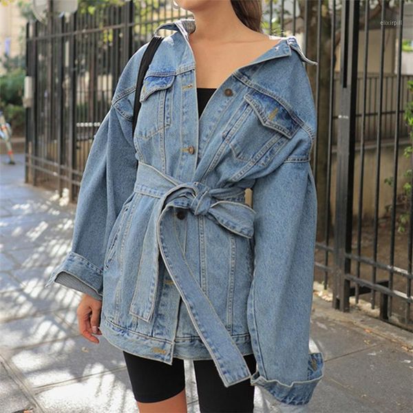 

blue jean coat new 2020 autumn winter women's denim jackets sashes lace up outerwear high street fashionable blue long jeans1, Black;brown