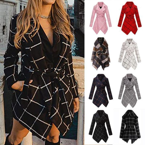

autumn and winter new large size women 's clothing s-5xl lace -up plaid suit collar woolen coat mid-length trench coat1, Black