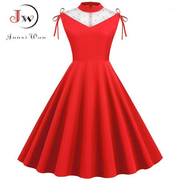 

red high collar elegant party dress women summer bow sleeve lace vintage plus size midi a line pinup christmas dress robe femme1, Black;gray