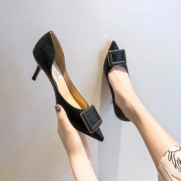 

hollow pointed single shoes women's 2020 new summer korean version of versatile square buckle soft leather thin heel french small high