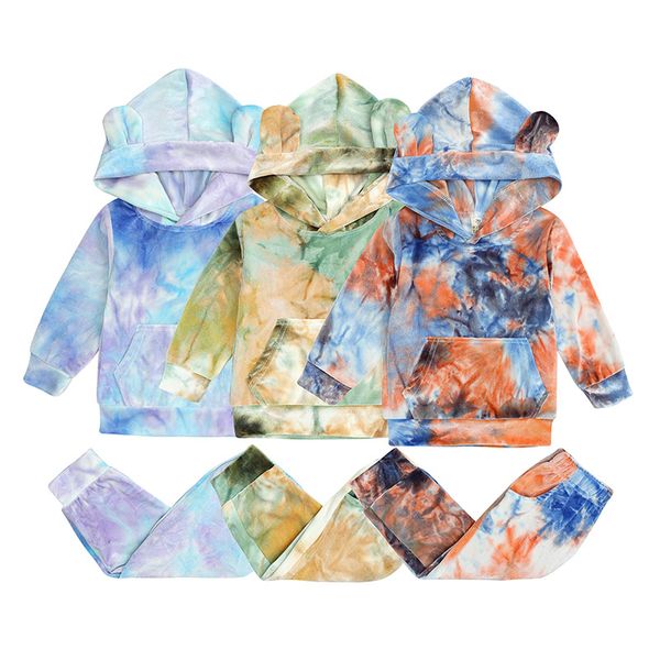 

baby clothing set girl boy tie dye hoodie trousers 2 pieces newborn rabbit ear long sleeve sweatshirt sweatpants princess outfit ins, White