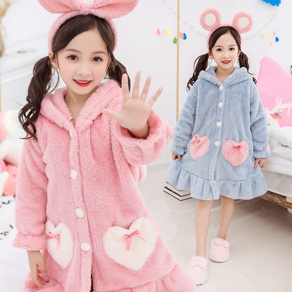 

winter kids girls bath robe flannel hooded night gown for toddler baby warm love pattern robes children pajams dressing grown 201104, Blue;red