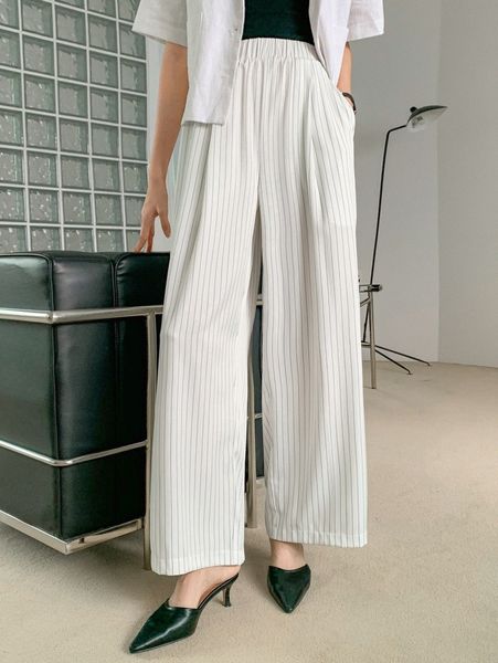 

dazy striped elastic waist wide leg pants 06yp#, Black;white