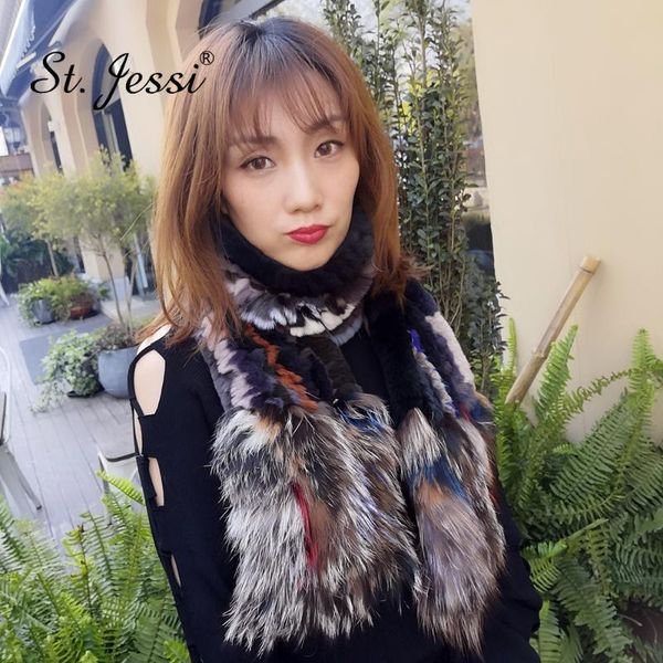 

st.jessi 2021 women's new colorful real natural rex fur scarf tassels fur trimming winter warm shawl scarves in, Blue;gray