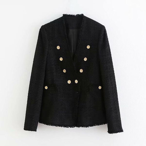 

fashion black color blazer women double breasted long sleeve casual coat female v neck button elegant jacket outwear veste femme, White;black