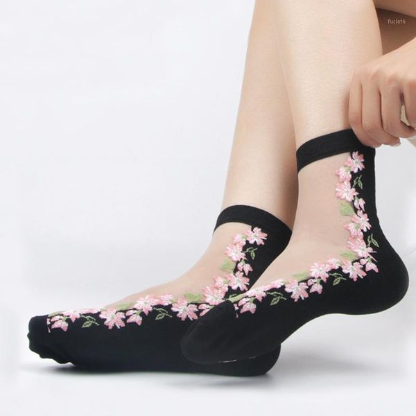 

1 pair women summer thin crystal glass silk socks transparent elastic flower print boat socks fashion stretch ultrathin meias1, Black;white