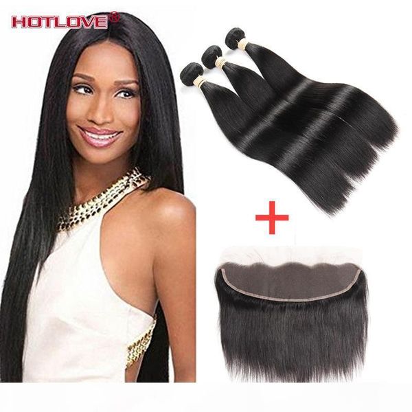 

brazilian virgin hair straight weaves 3 bundle deal with lace frontal closure part 13*4 inch ove hair, Black;brown