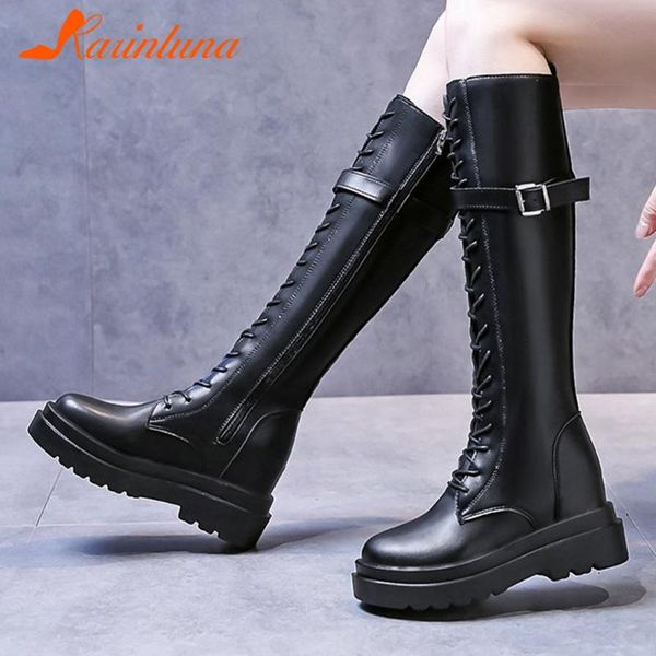 

karin new arrival fashionable woman shoes increase internal round toe buckle cross-tied knee high boots zip, Black