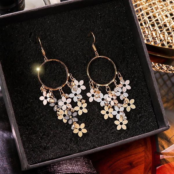 

women flower sequins tassel long earring fashion crystal drop dangle earrings vintage elegant geometric golden brincos jewellery, Silver