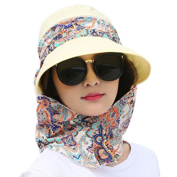 

women summer detachable shawl empty sun visor hat foldable wide brim uv protection paisley floral bowknot outdoor riding, Blue;gray