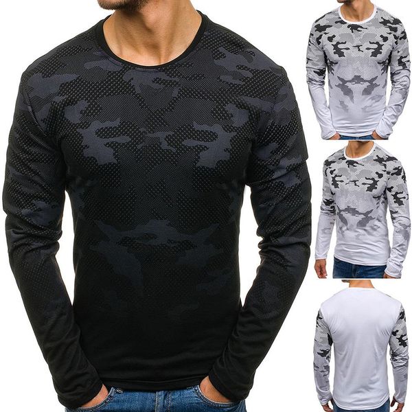 

tees male spring autumn clothes mens camouflage long sleeve tshirt crew neck slim fit, White;black