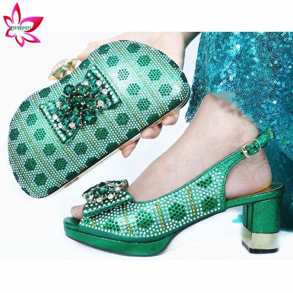 

latest african lady shoes and bag to match nigerian women shoes mathtch hand bag with shinning crystal for wedding in green, Black