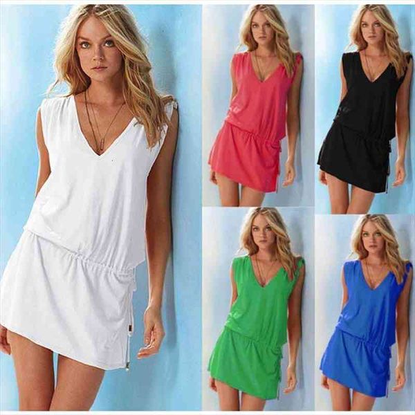 

summer dress women clothing elasticity drawstring casual solid color v-neck sleeveless mini beach dresses, Black;gray